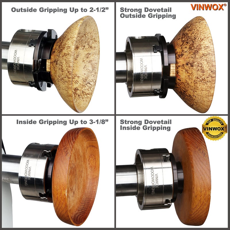 VINWOX 3-3/4INCH 4-Jaw Self-Centering Wood Lathe Chuck, 2" Round Jaw Mounted, 1"x8TPI thread & 3/4"x16TPI Adapter, Tightening Key, T Allen Wrench, Screw Chuck, SCK4-3.75, Nickle electric Coating Body - Image 3
